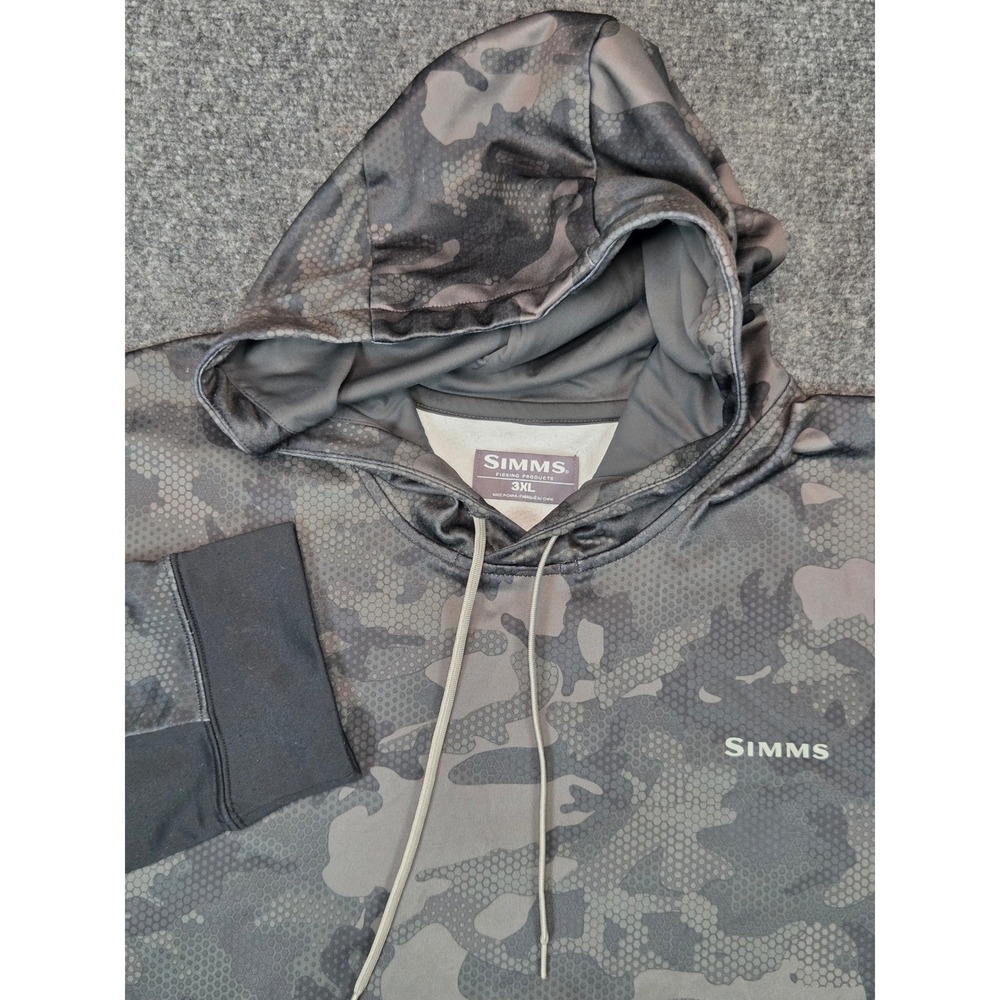 Simms Fishing Products Camo Hoodie Mens 3XL Black Gray Fleece Pullover